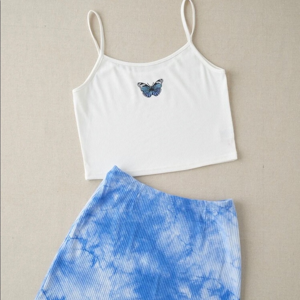 Butterfly Print Crop Top and Tie-dye Skirt Set